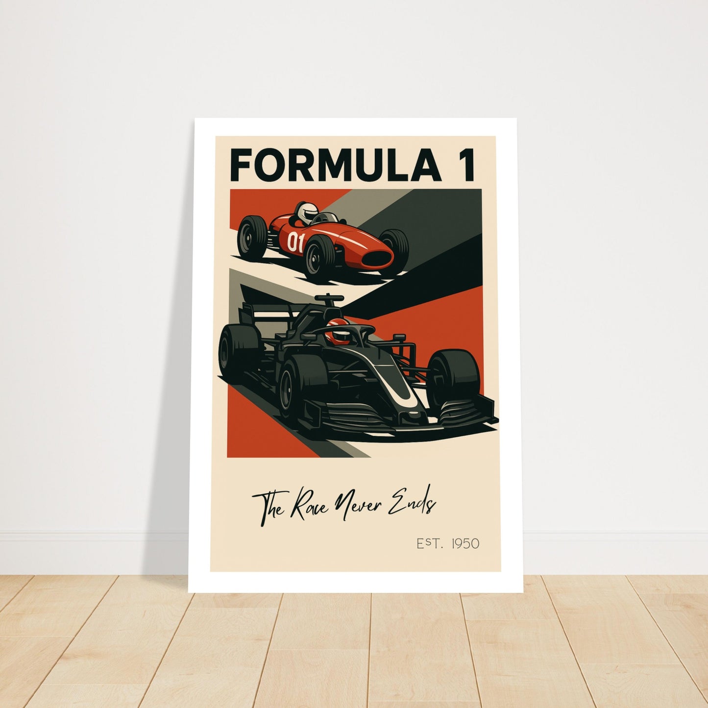 Retro Formula 1 racing poster with two race cars and the quote “The Race Never Ends†– modern motorsport wall art print