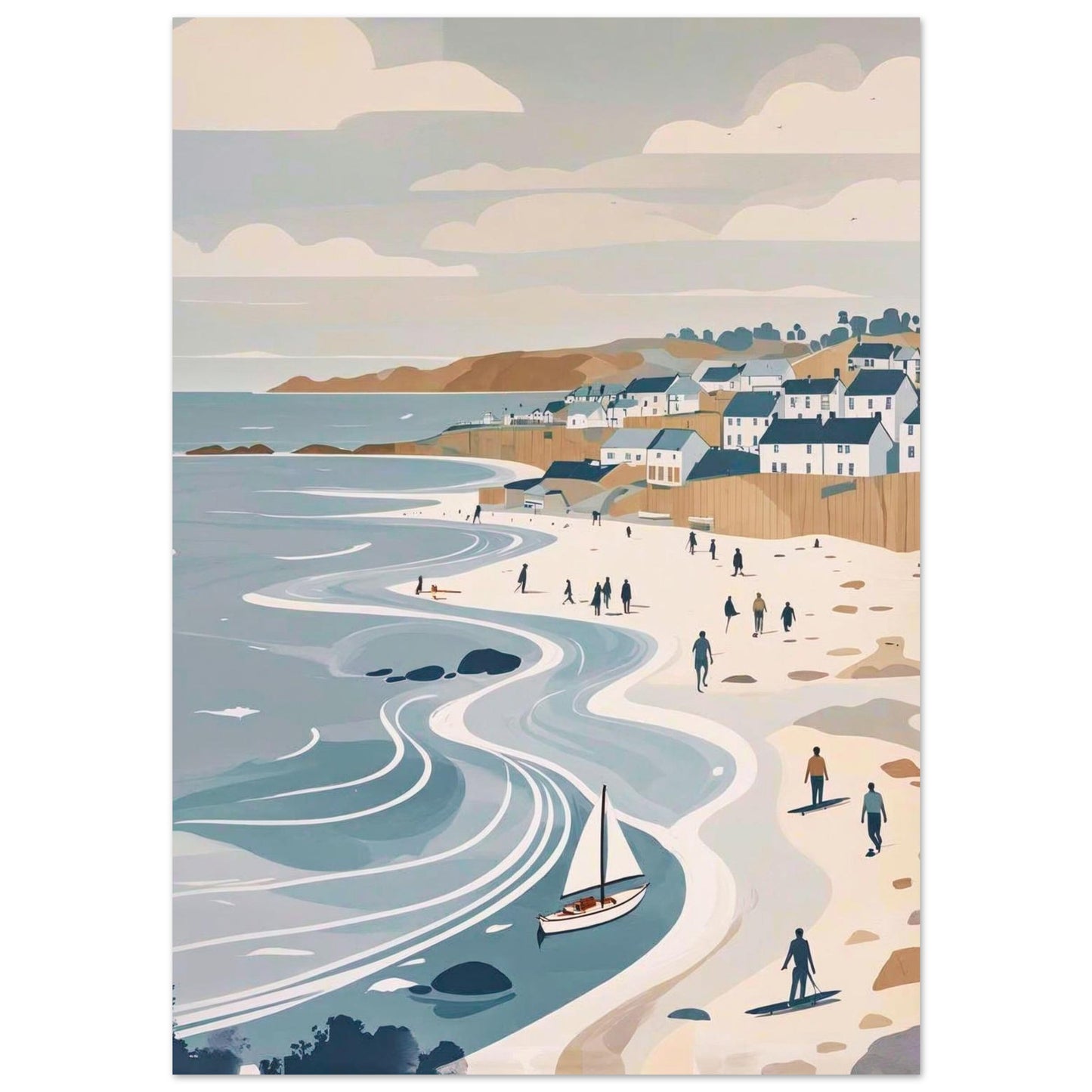 Coastal Village & Flowing Waves modern seaside wall art print