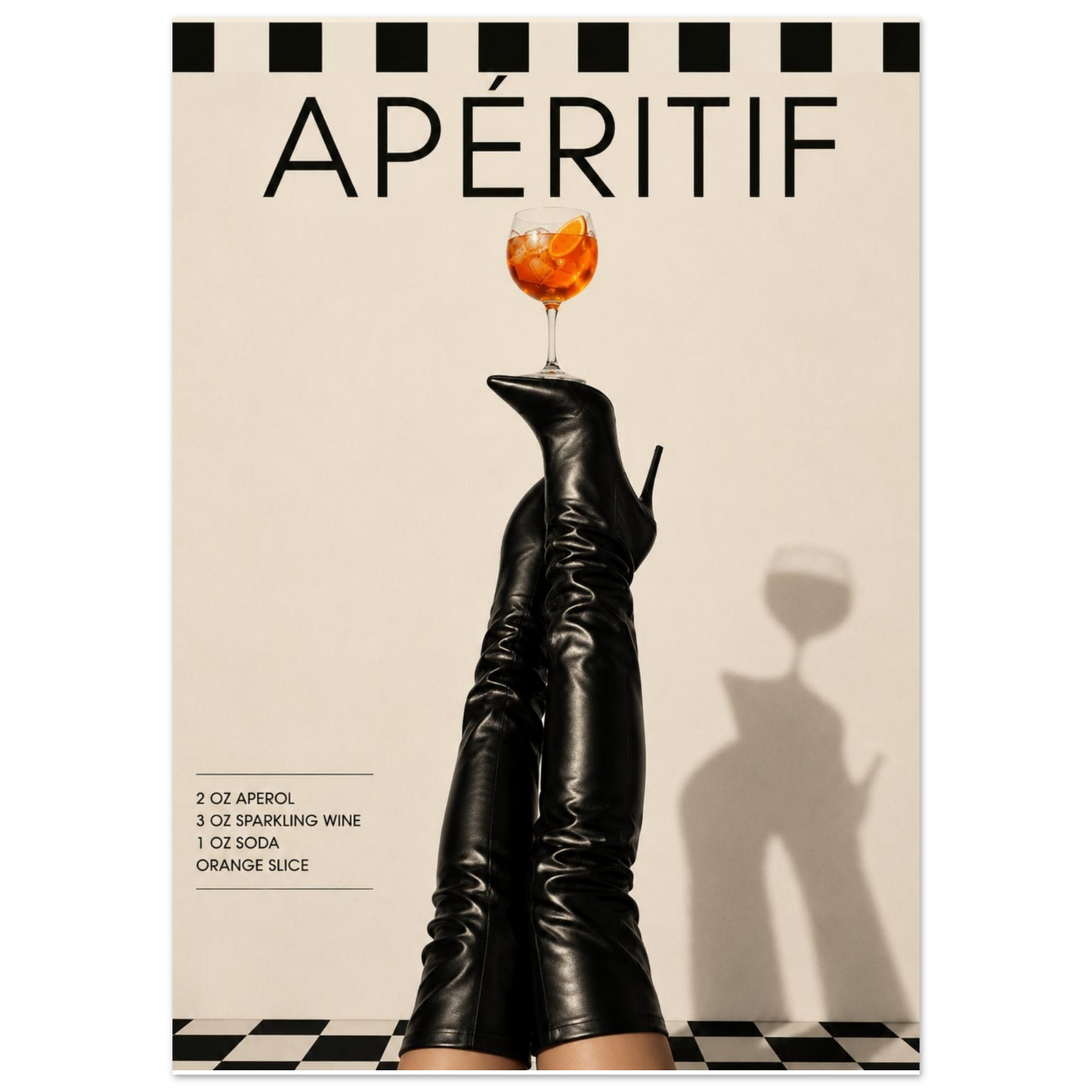 Close-up of aperitif fashion art print featuring black thigh high boots balancing orange cocktail glass