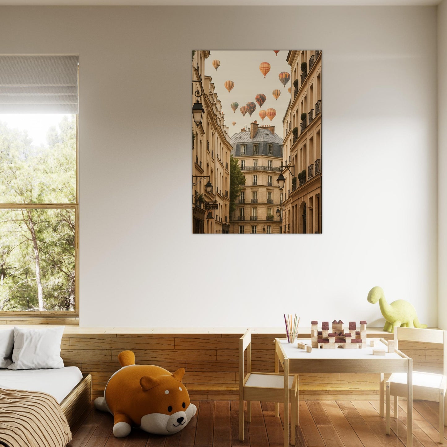 Children's room with a wall painting of hot air balloons over buildings, a toy bear, and a small table with toys.