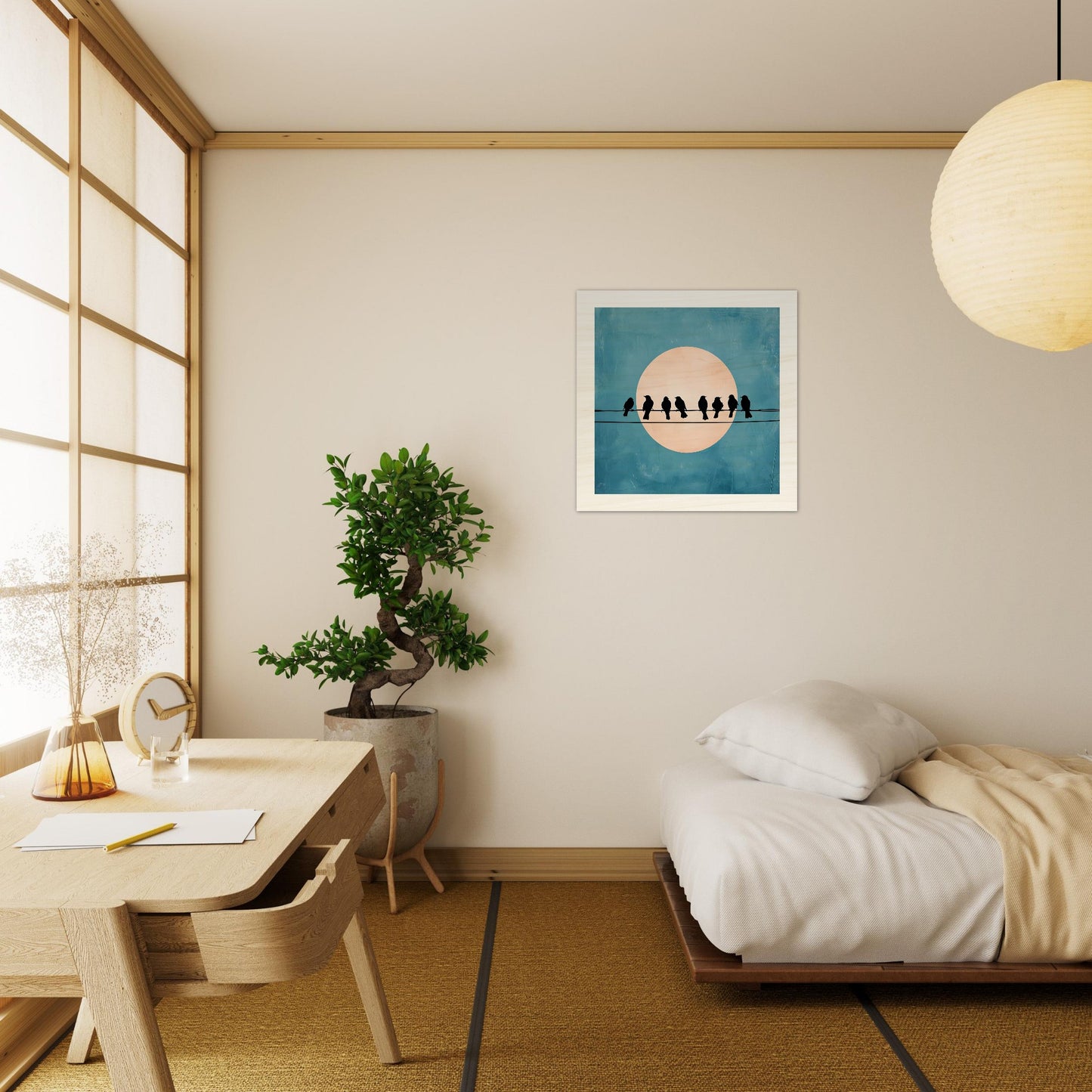 Wooden artwork of birds on a wire with a moon in the background
