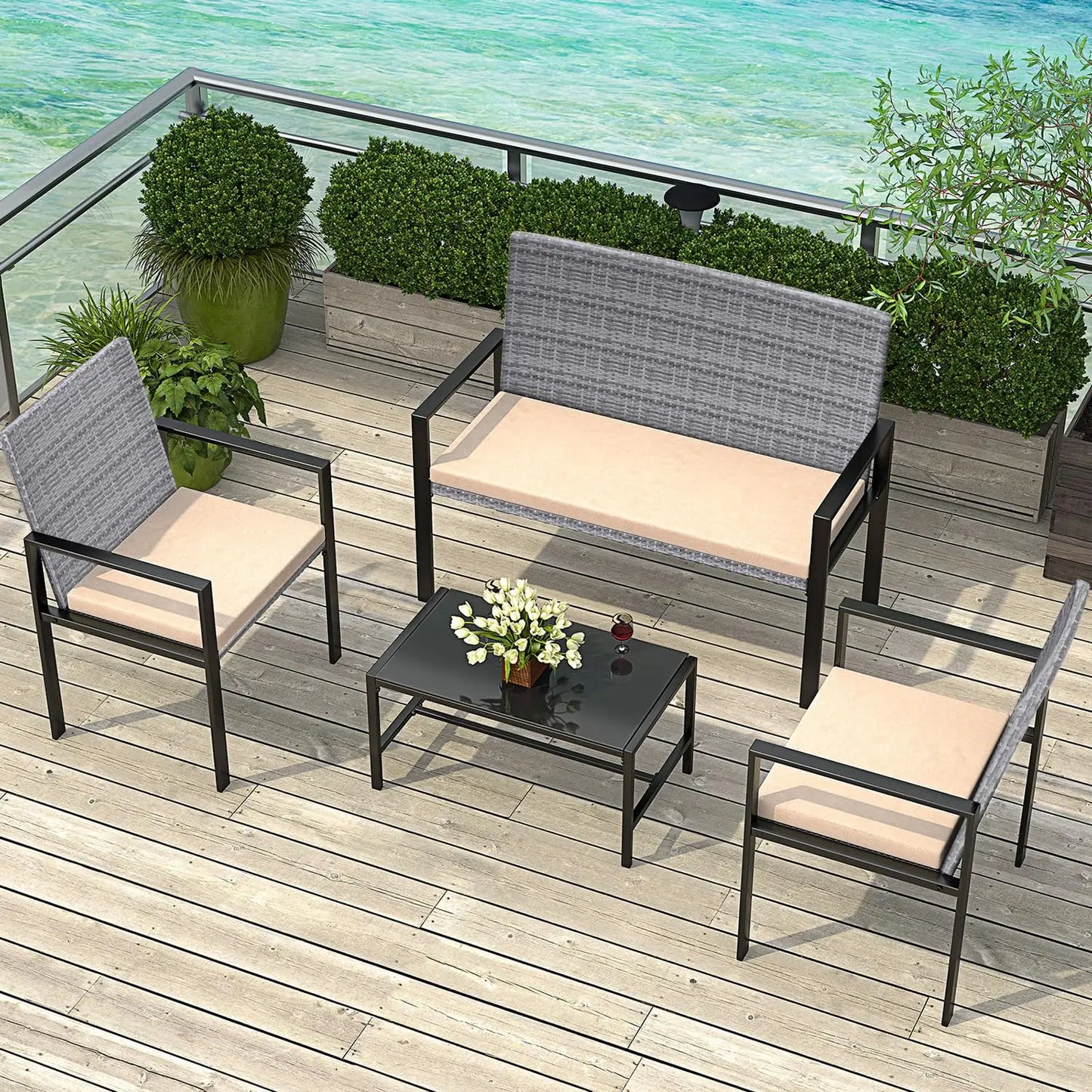 Garden Furniture Set Outdoor Corner Sofa Couch 4Pcs Handwoven Rattan Patio Conversation Set, Cushions and Glass Table