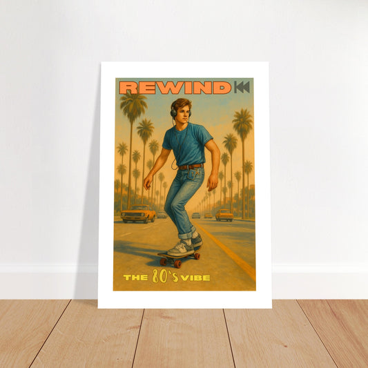 etro 80s skateboard poster with cool guy and palm trees – vintage Walkman wall art
