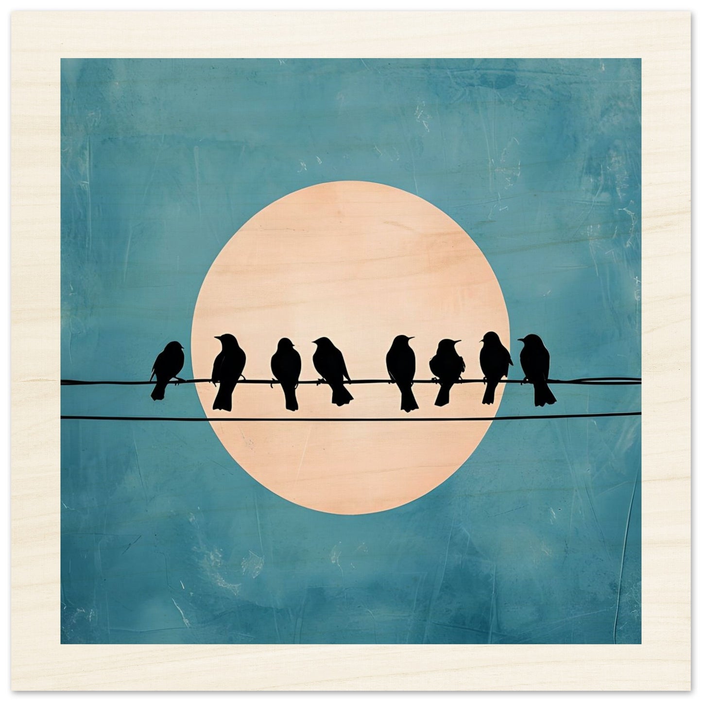 Wooden artwork of birds on a wire with a moon in the background