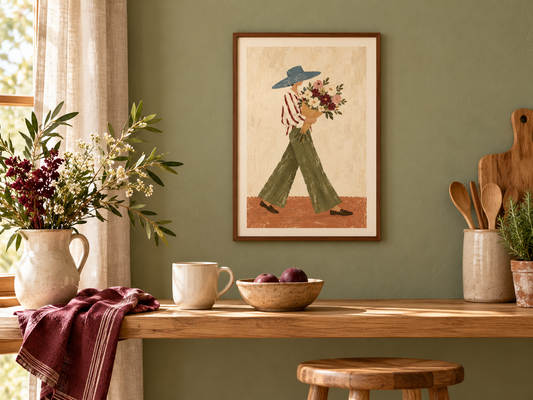 A framed art print featuring a stylized illustration of a person carrying flowers, hanging on a sage green wall above a wooden table with a mug, bowl, and flowers.