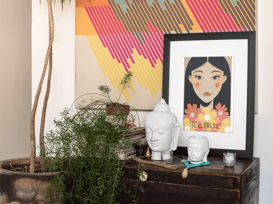 Flowers & Stillness: Japanese Portrait Art Print - Stunning Matte Poster for Home Decor