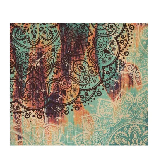 Multicolored tapestry with intricate patterns on a white background