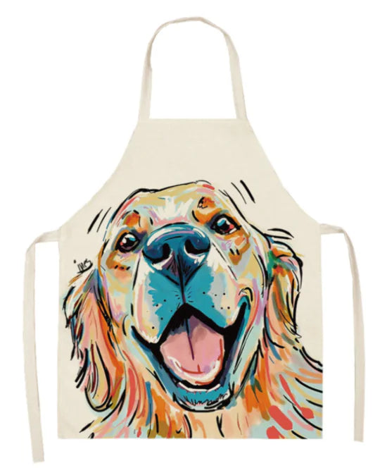 Apron with a colorful dog illustration on a white background