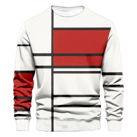 Sweatshirt with geometric red, black, and white pattern on a white background