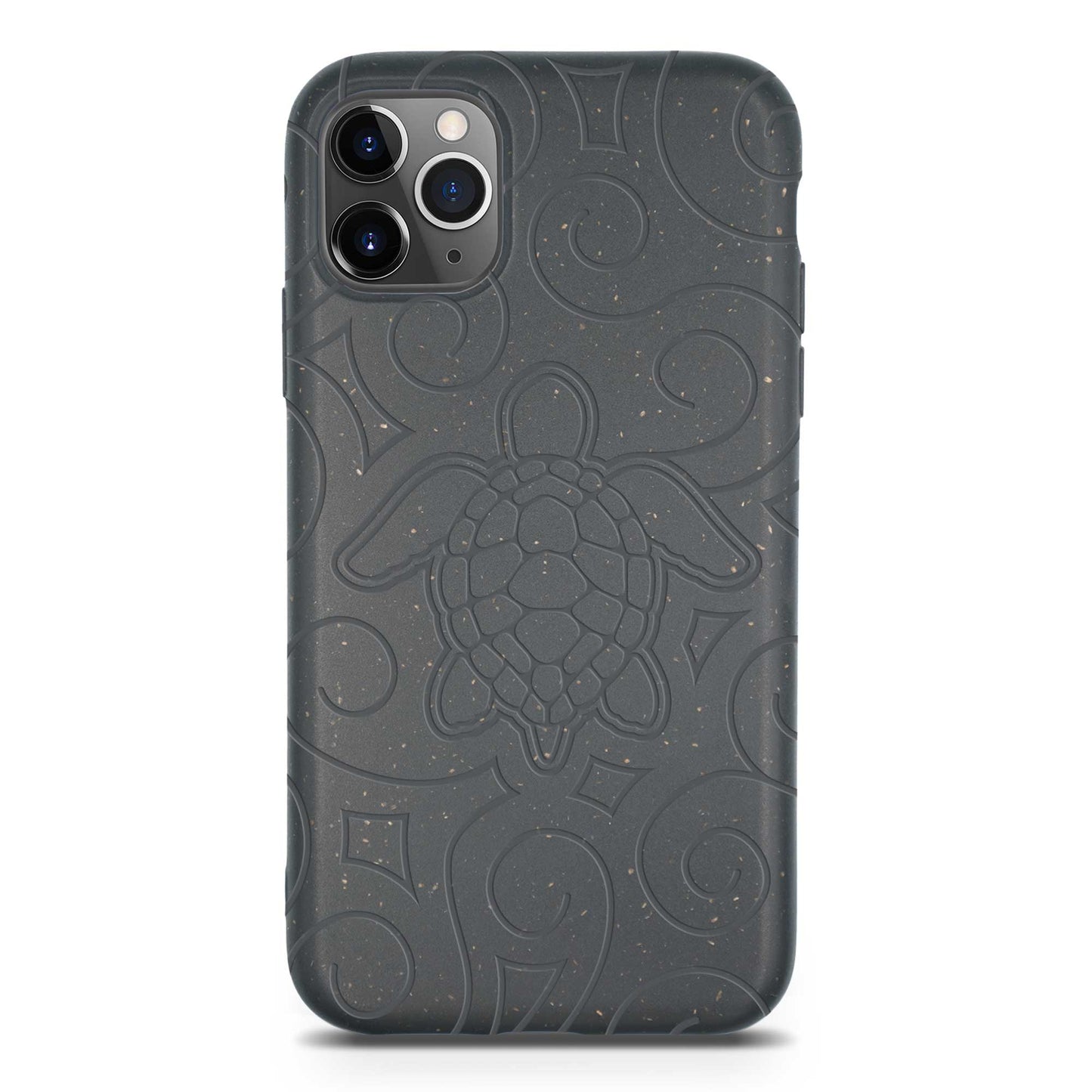 Dark gray phone case with turtle design on a white background