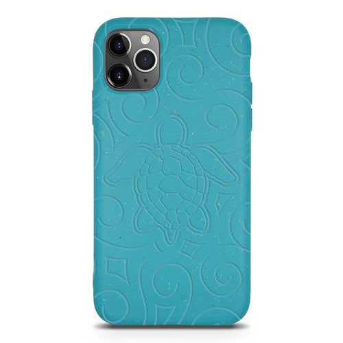 Blue phone case with embossed design on a white background