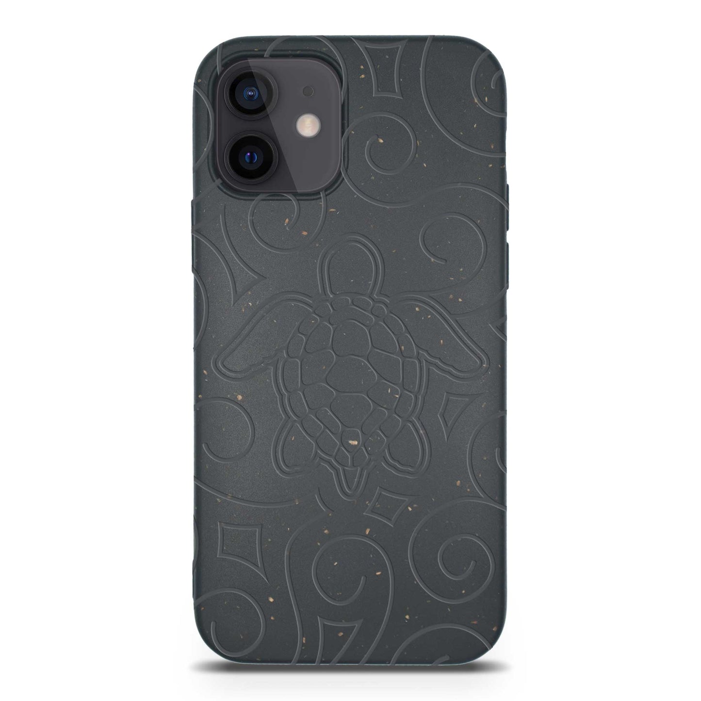 Black phone case with embossed design on a white background