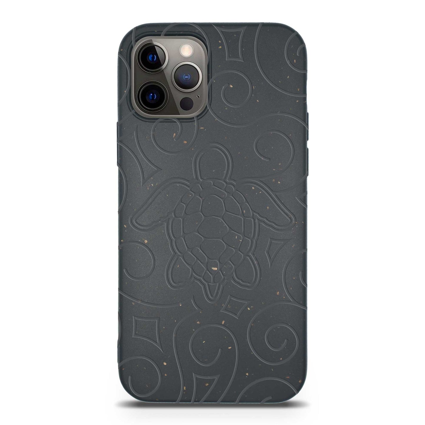 Dark gray phone case with embossed design on a white background