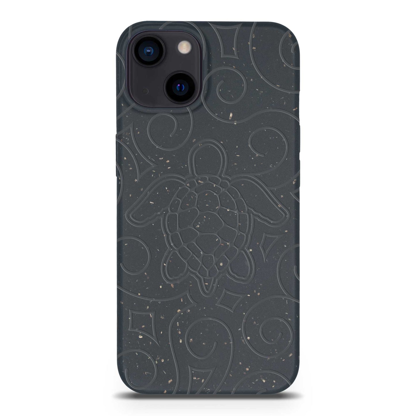 Dark gray phone case with abstract patterns on a white background