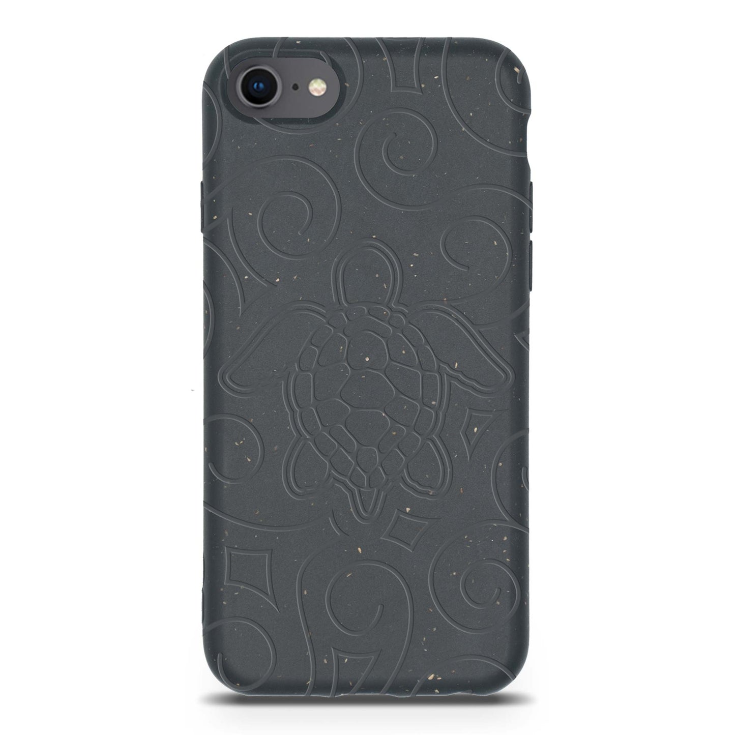 Black phone case with embossed design on a white background