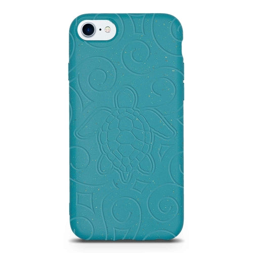 Blue phone case with embossed design on a white background