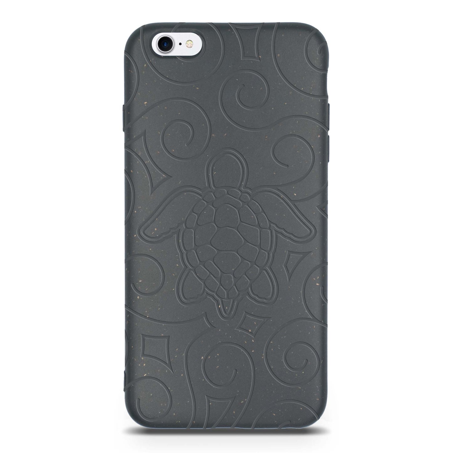 Dark gray phone case with embossed design on a white background