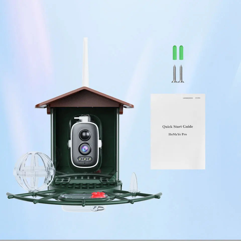 Bird feeder with camera, antenna, and quick start guide on a light blue background