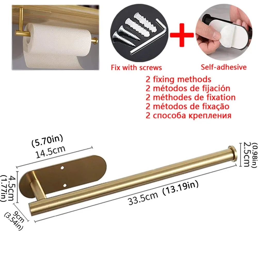Gold toilet paper holder with fixing methods and dimensions on a white background