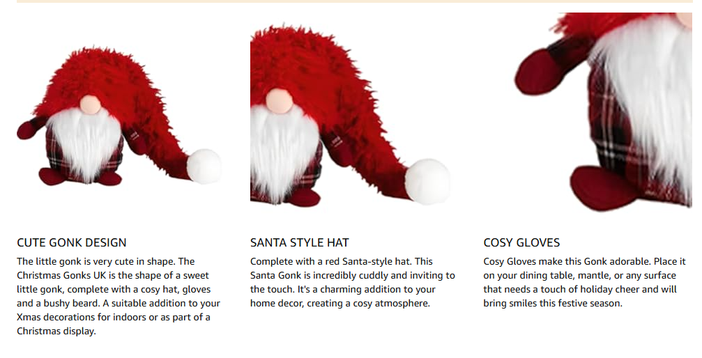 Three Christmas-themed items: a cute gnomes design, Santa-style hat, and cozy gloves on a white background.