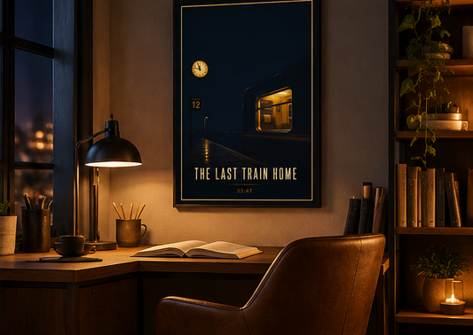 A framed travel poster for 'The Last Train Home' hangs on a wall in a cozy, dimly lit home office. The poster features a dark night scene with a train station platform and a train window glowing with warm light.