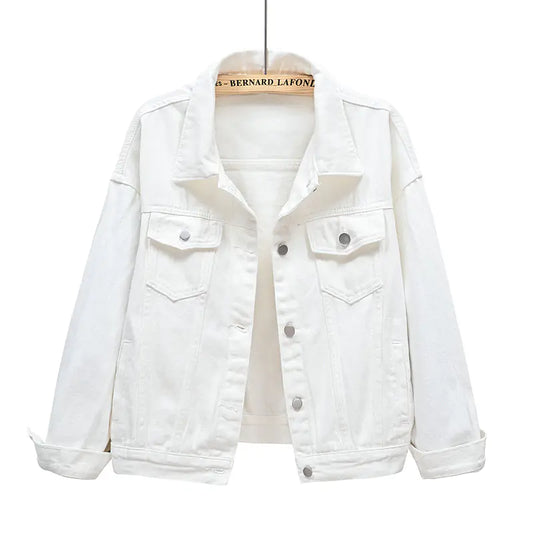 White women's spring denim jacket with button closure and front pockets, displayed on hanger