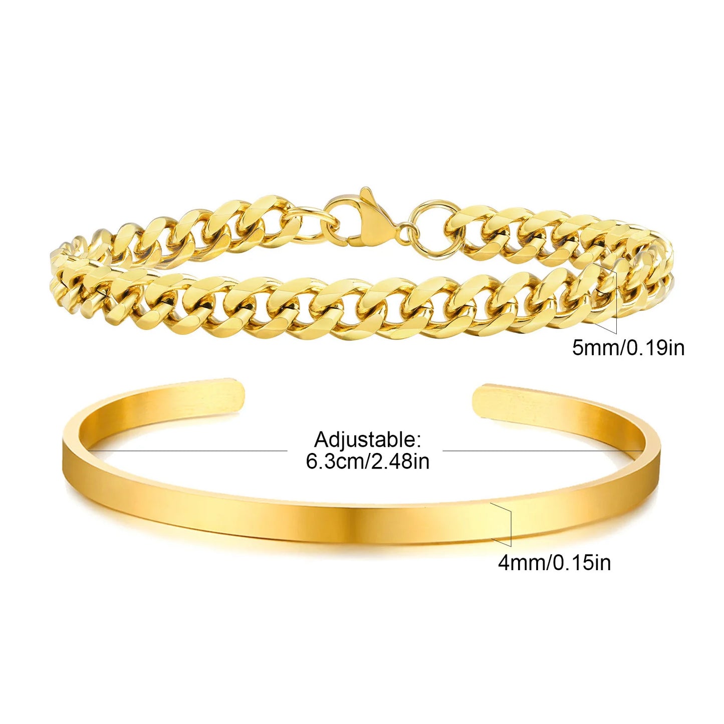 Gold chain bracelet and adjustable gold bangle with measurements on a white background