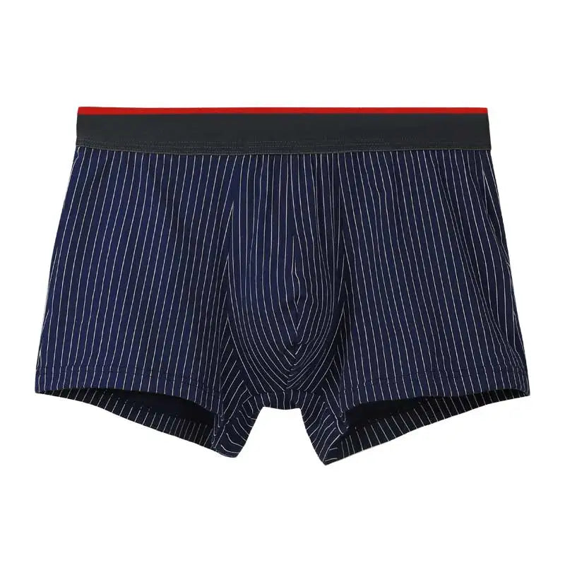Navy pinstripe boxer briefs with a red waistband on a white background