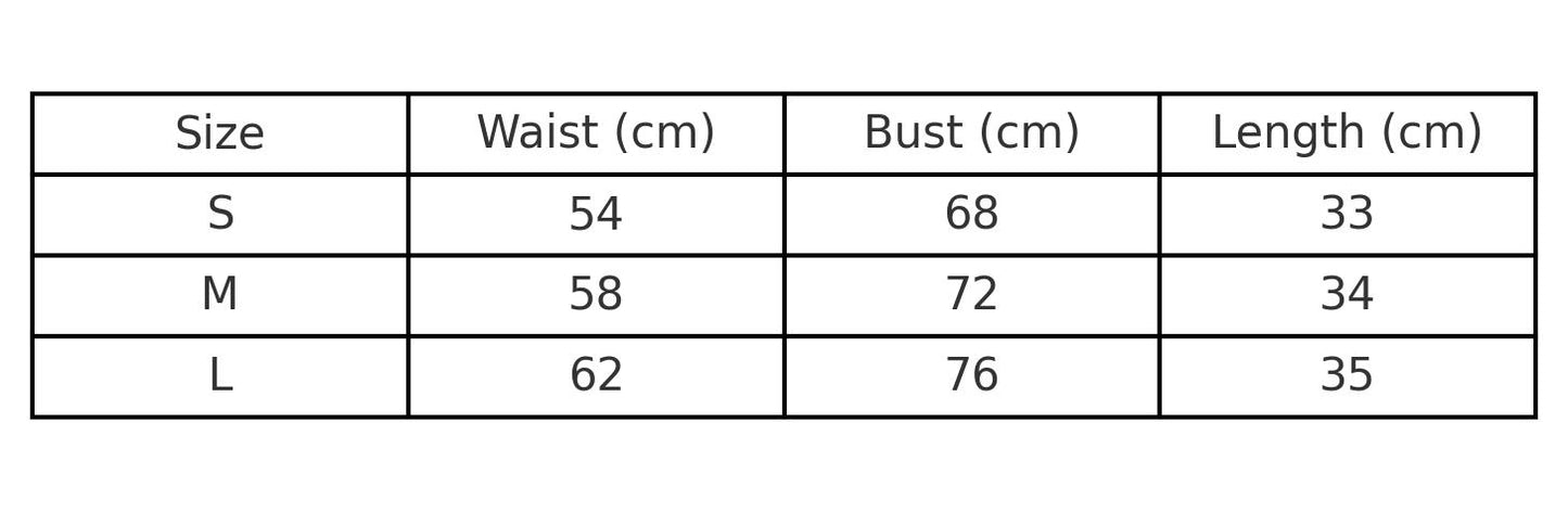 Table displaying measurements for waist, bust, and length in centimeters for sizes S, M, and L.
