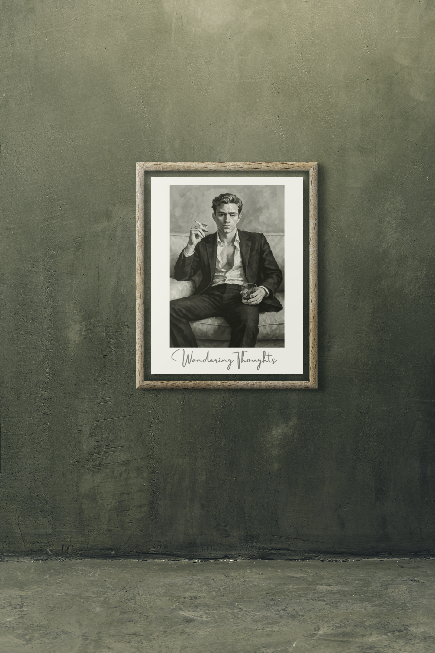 Contemplative Mood Poster. Stylish Man with Whiskey & Cigarette | Retro Decor