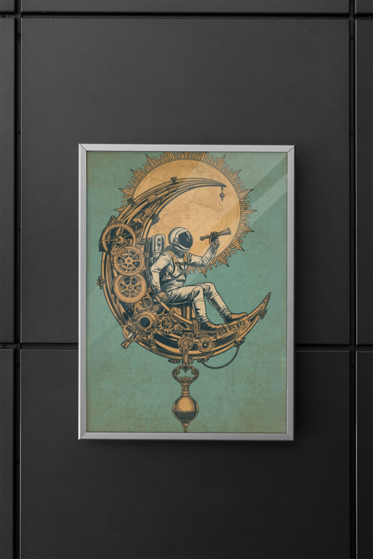 Steampunk astronaut wall art featuring an astronaut sitting on a mechanical crescent moon with gears and a celestial sun on a vintage teal background.