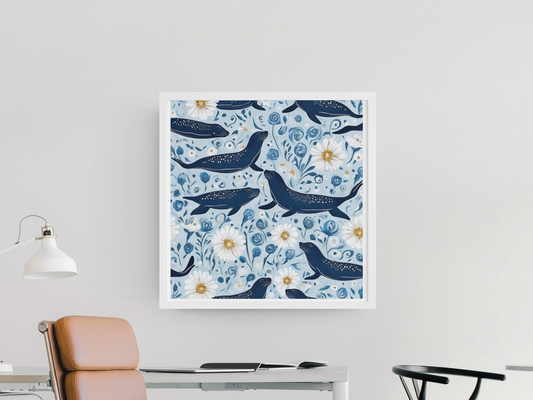 Whimsical Seal and Daisy Art Print - Coastal Nature Wall Art, Framed Poster, Ready to Hang