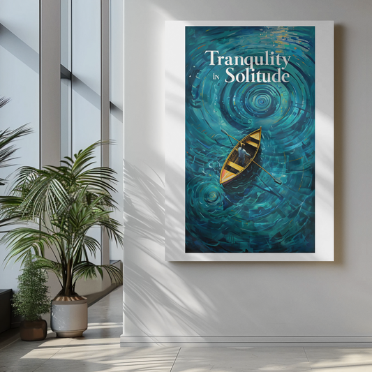 Unframed surreal teal poster featuring a boat on swirling water with the words 'Tranquility in Solitude', styled against a white wall and modern decor setting