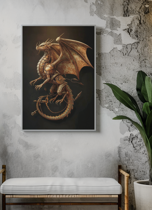 Dragon artwork on a wall above a bench with a plant