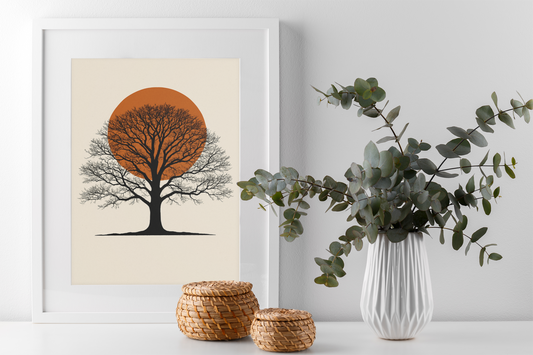 Orange Sun Oak Tree Poster – Minimalist Nature Wall Art