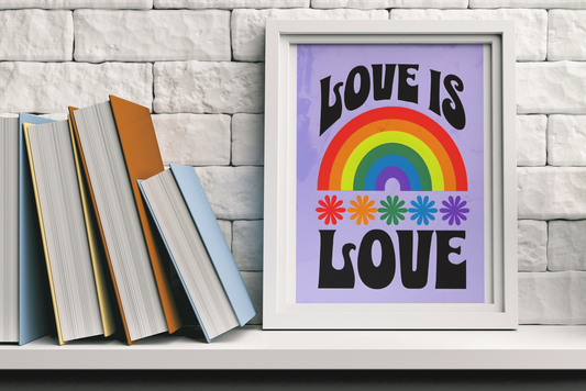 Framed 'Love is Love' poster with rainbow and flowers on a shelf with books.