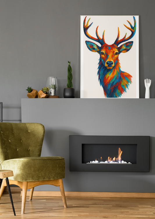 Colorful deer painting above a fireplace in a living room.