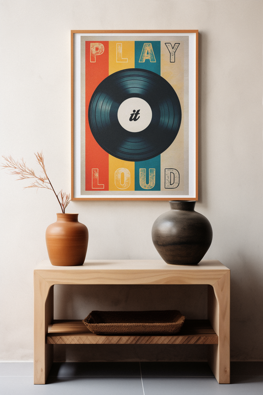 Retro wall art poster featuring a black vinyl record with colorful ˜Play It Loud™ typography in bold vintage style.