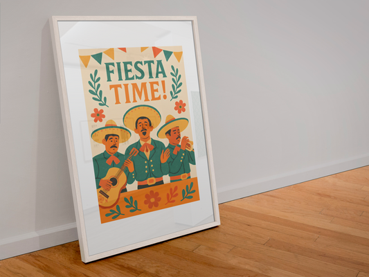 Framed poster with 'Fiesta Time!' text and mariachi illustration on a white wall.