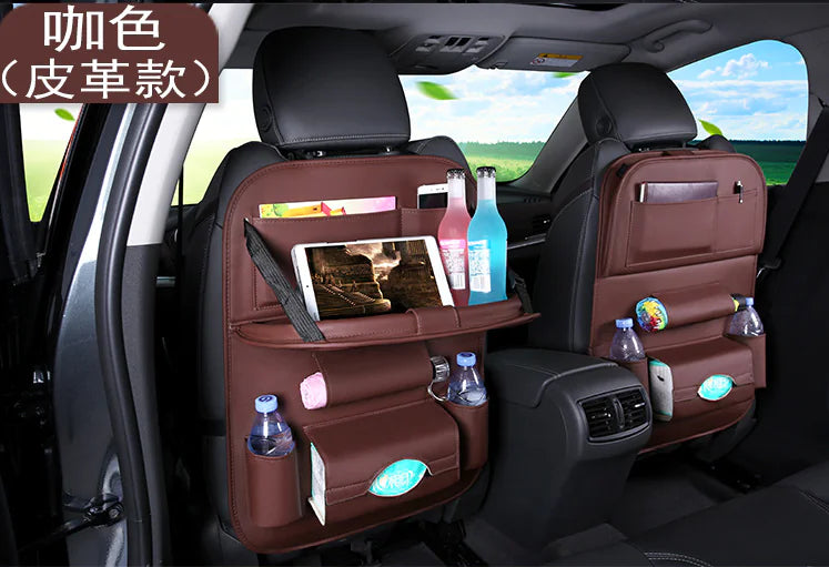 Car seat organizer with various items in a vehicle