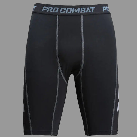 Black compression shorts with 'Pro Combat' waistband on a white background