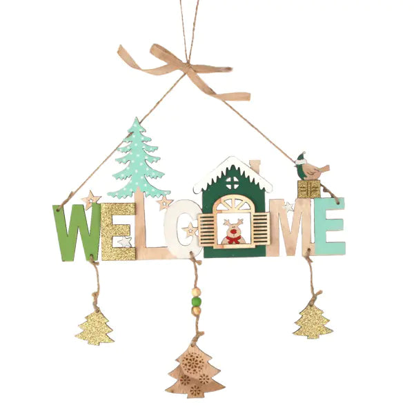 Decorative hanging sign with 'WELCOME' text and Christmas-themed elements on a white background