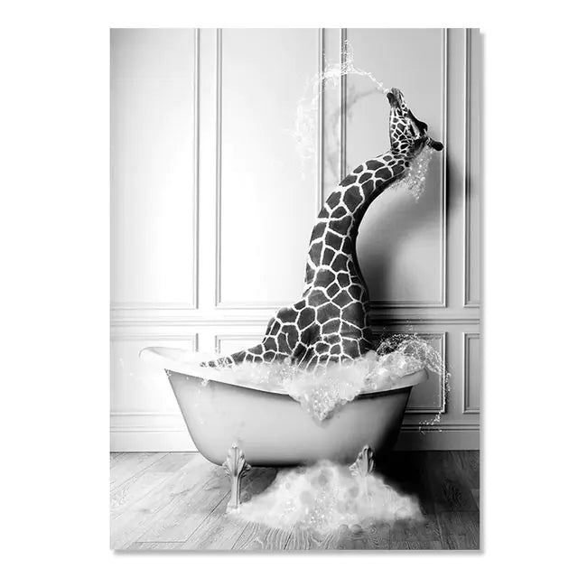 Giraffe taking a bath in a bathtub with bubbles in a bathroom setting
