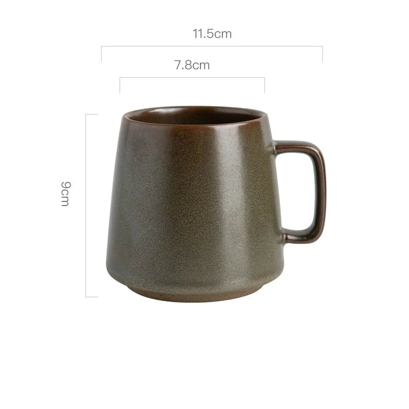 Brown ceramic mug with dimensions on a white background