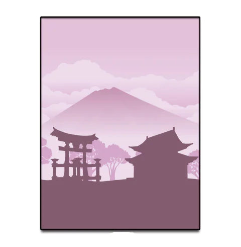 Silhouette of a traditional Japanese temple with Mount Fuji in the background on a pink gradient background.