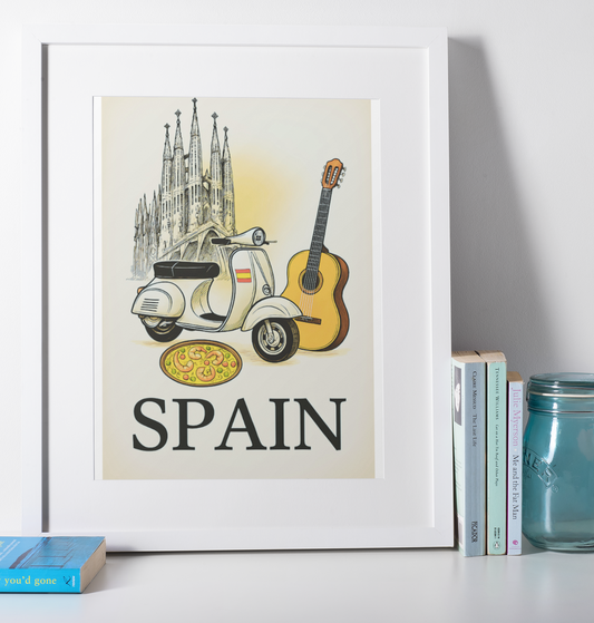 Framed print with a Vespa, guitar, and La Sagrada Familia on a beige background with 'Spain' text.