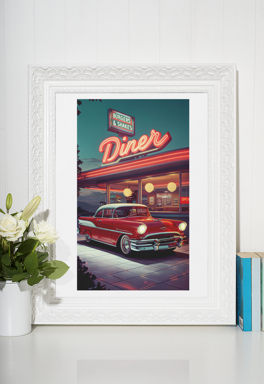Vintage Red Car and Retro Diner Poster - Classic Americana Wall Art on Semi-Glossy Paper