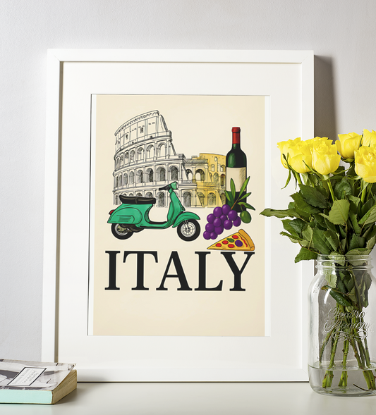 Framed artwork with Italian symbols on a white surface next to a vase of yellow roses.