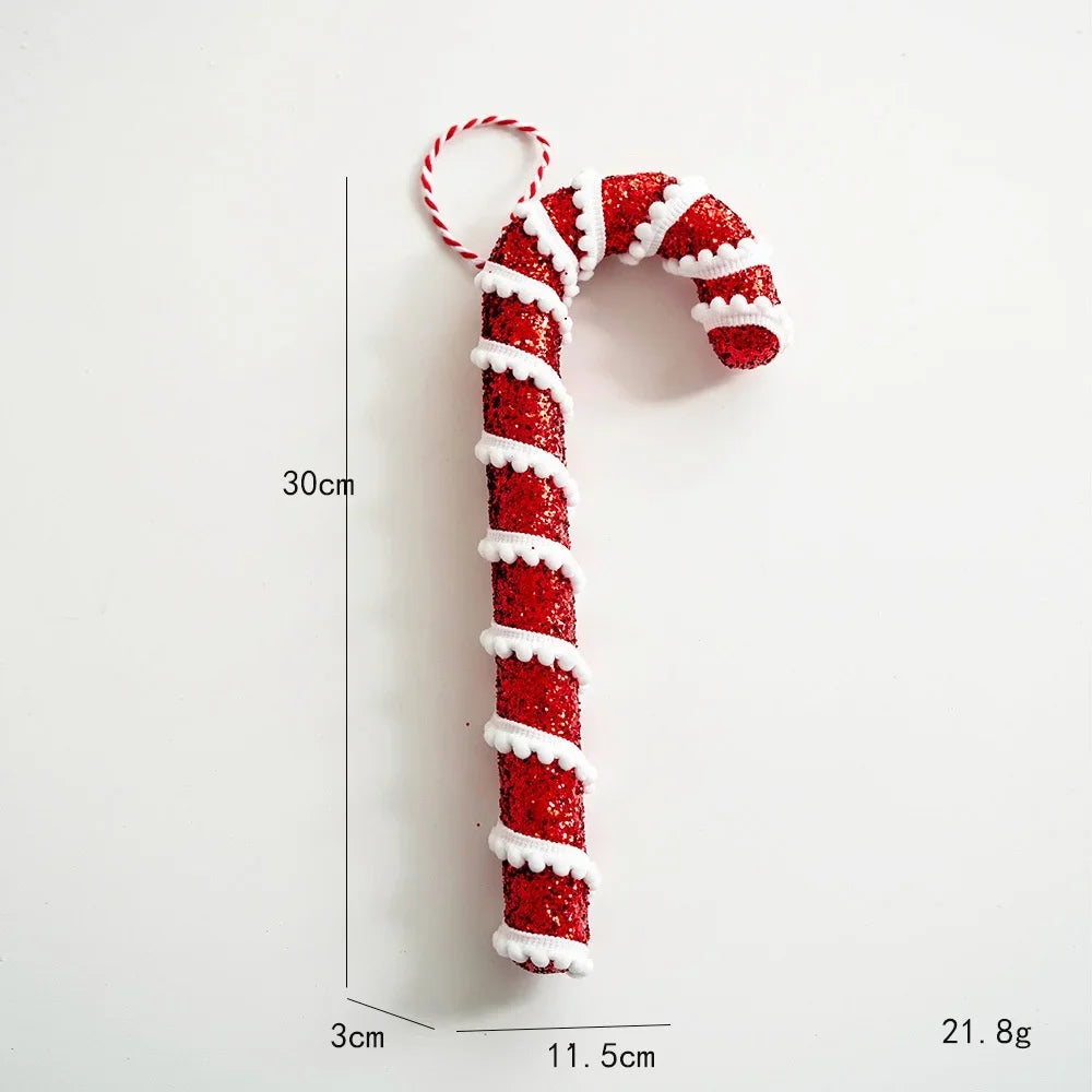 Red and white candy cane-shaped dog toy with measurements on a white background