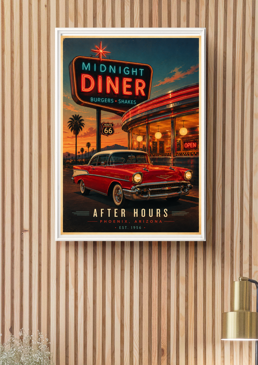 Framed poster of a diner with a red car and 'Midnight Diner' sign on a striped wall.